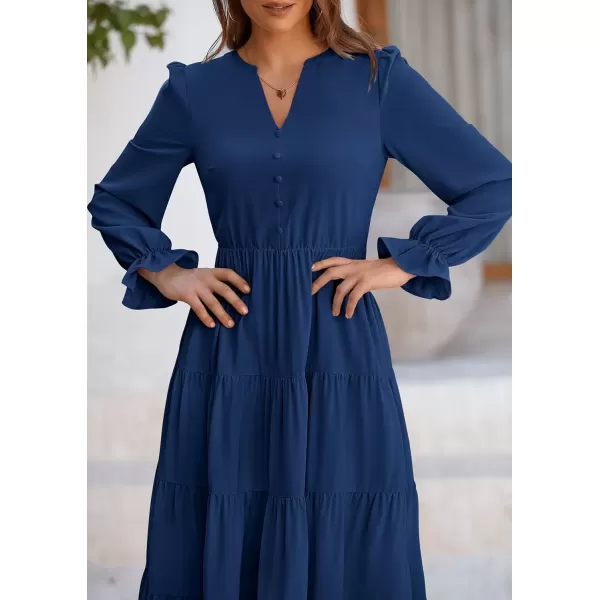 imagePRETTYGARDEN Womens Fall Maxi Dress Long Sleeve V Neck Tiered Ruffle Flowy A Line Cocktail Party DressesDark Blue