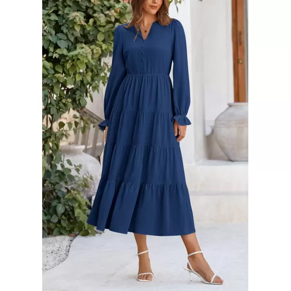 imagePRETTYGARDEN Womens Fall Maxi Dress Long Sleeve V Neck Tiered Ruffle Flowy A Line Cocktail Party DressesDark Blue