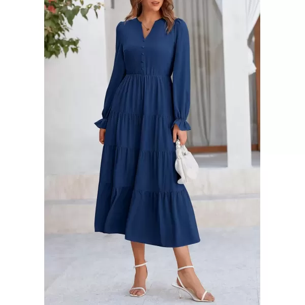 imagePRETTYGARDEN Womens Fall Maxi Dress Long Sleeve V Neck Tiered Ruffle Flowy A Line Cocktail Party DressesDark Blue