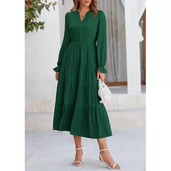 imagePRETTYGARDEN Womens Fall Maxi Dress Long Sleeve V Neck Tiered Ruffle Flowy A Line Cocktail Party DressesDark Green