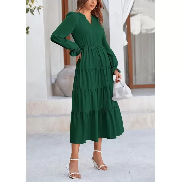 imagePRETTYGARDEN Womens Fall Maxi Dress Long Sleeve V Neck Tiered Ruffle Flowy A Line Cocktail Party DressesDark Green