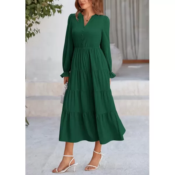 imagePRETTYGARDEN Womens Fall Maxi Dress Long Sleeve V Neck Tiered Ruffle Flowy A Line Cocktail Party DressesDark Green