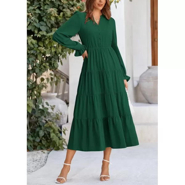 imagePRETTYGARDEN Womens Fall Maxi Dress Long Sleeve V Neck Tiered Ruffle Flowy A Line Cocktail Party DressesDark Green
