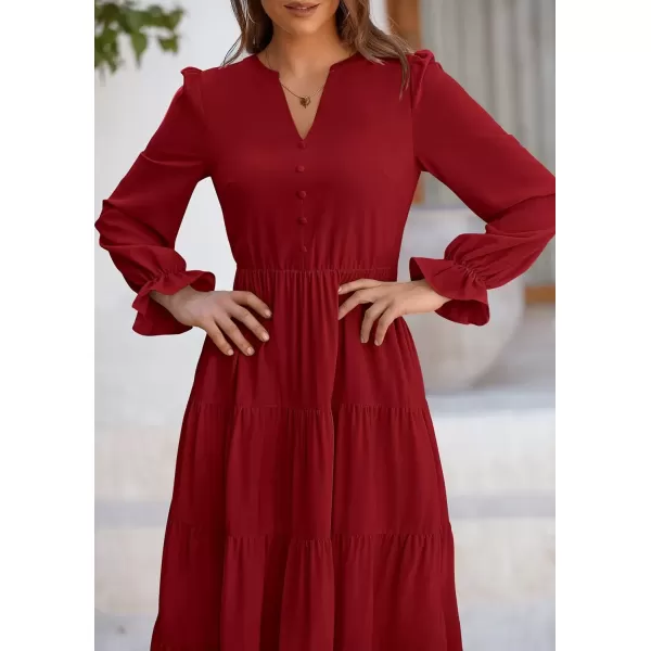 imagePRETTYGARDEN Womens Fall Maxi Dress Long Sleeve V Neck Tiered Ruffle Flowy A Line Cocktail Party DressesJujube Red