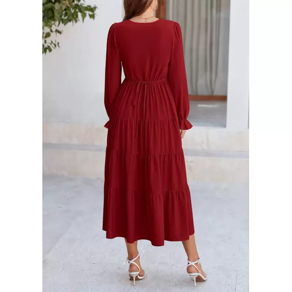 imagePRETTYGARDEN Womens Fall Maxi Dress Long Sleeve V Neck Tiered Ruffle Flowy A Line Cocktail Party DressesJujube Red