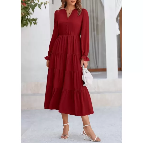 imagePRETTYGARDEN Womens Fall Maxi Dress Long Sleeve V Neck Tiered Ruffle Flowy A Line Cocktail Party DressesJujube Red
