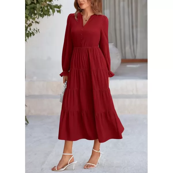 imagePRETTYGARDEN Womens Fall Maxi Dress Long Sleeve V Neck Tiered Ruffle Flowy A Line Cocktail Party DressesJujube Red