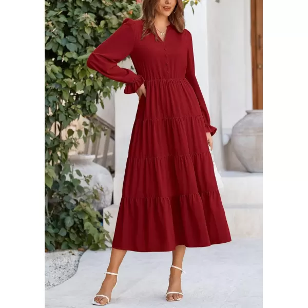 imagePRETTYGARDEN Womens Fall Maxi Dress Long Sleeve V Neck Tiered Ruffle Flowy A Line Cocktail Party DressesJujube Red