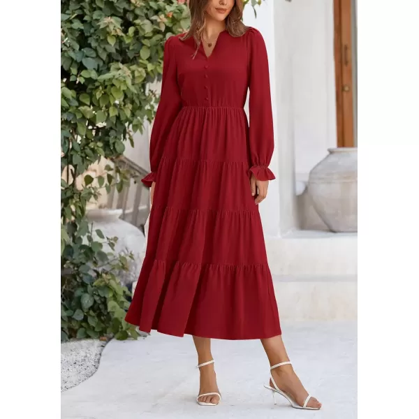 imagePRETTYGARDEN Womens Fall Maxi Dress Long Sleeve V Neck Tiered Ruffle Flowy A Line Cocktail Party DressesJujube Red