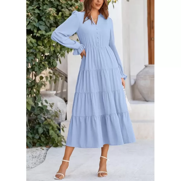 imagePRETTYGARDEN Womens Fall Maxi Dress Long Sleeve V Neck Tiered Ruffle Flowy A Line Cocktail Party DressesLight Blue