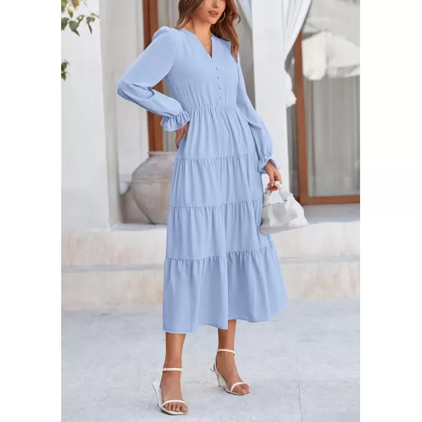 imagePRETTYGARDEN Womens Fall Maxi Dress Long Sleeve V Neck Tiered Ruffle Flowy A Line Cocktail Party DressesLight Blue