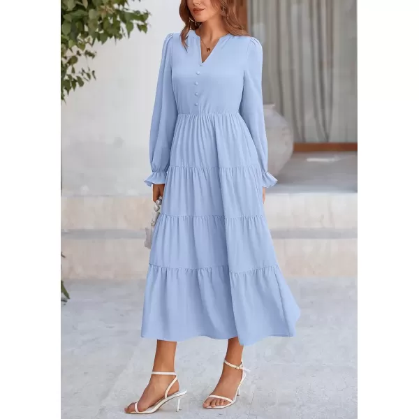 imagePRETTYGARDEN Womens Fall Maxi Dress Long Sleeve V Neck Tiered Ruffle Flowy A Line Cocktail Party DressesLight Blue