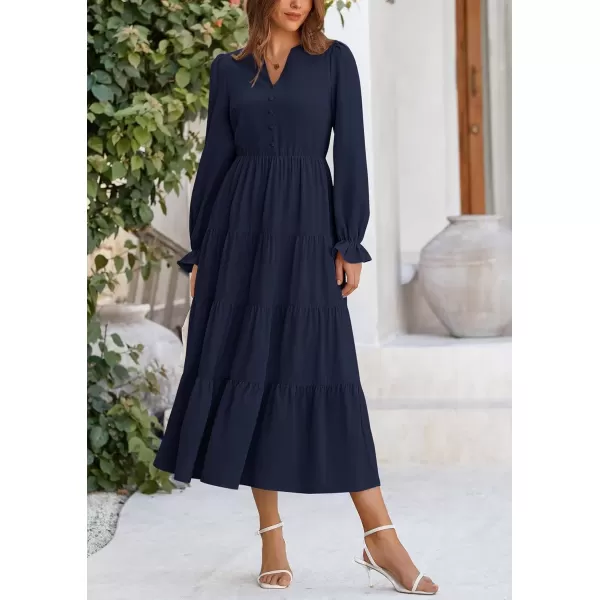 imagePRETTYGARDEN Womens Fall Maxi Dress Long Sleeve V Neck Tiered Ruffle Flowy A Line Cocktail Party DressesNavy