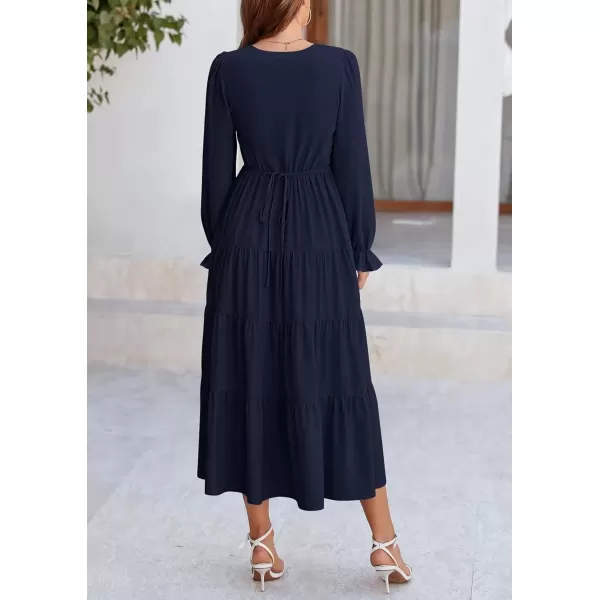 imagePRETTYGARDEN Womens Fall Maxi Dress Long Sleeve V Neck Tiered Ruffle Flowy A Line Cocktail Party DressesNavy