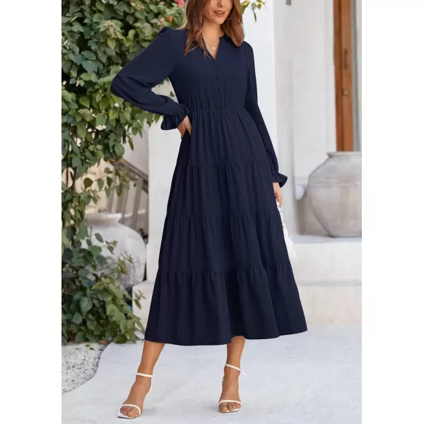 imagePRETTYGARDEN Womens Fall Maxi Dress Long Sleeve V Neck Tiered Ruffle Flowy A Line Cocktail Party DressesNavy