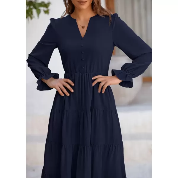 imagePRETTYGARDEN Womens Fall Maxi Dress Long Sleeve V Neck Tiered Ruffle Flowy A Line Cocktail Party DressesNavy