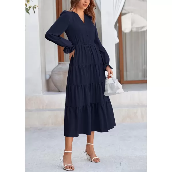 imagePRETTYGARDEN Womens Fall Maxi Dress Long Sleeve V Neck Tiered Ruffle Flowy A Line Cocktail Party DressesNavy