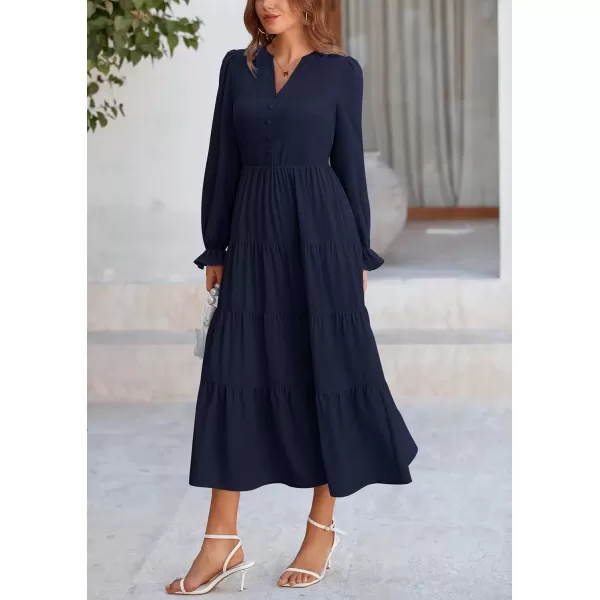 imagePRETTYGARDEN Womens Fall Maxi Dress Long Sleeve V Neck Tiered Ruffle Flowy A Line Cocktail Party DressesNavy
