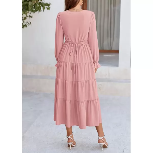 imagePRETTYGARDEN Womens Fall Maxi Dress Long Sleeve V Neck Tiered Ruffle Flowy A Line Cocktail Party DressesPink