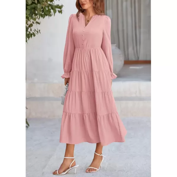 imagePRETTYGARDEN Womens Fall Maxi Dress Long Sleeve V Neck Tiered Ruffle Flowy A Line Cocktail Party DressesPink