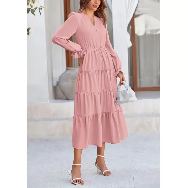 imagePRETTYGARDEN Womens Fall Maxi Dress Long Sleeve V Neck Tiered Ruffle Flowy A Line Cocktail Party DressesPink