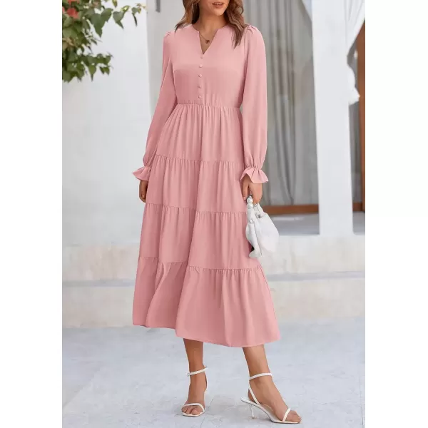 imagePRETTYGARDEN Womens Fall Maxi Dress Long Sleeve V Neck Tiered Ruffle Flowy A Line Cocktail Party DressesPink