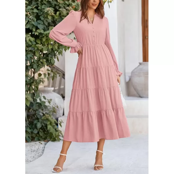 imagePRETTYGARDEN Womens Fall Maxi Dress Long Sleeve V Neck Tiered Ruffle Flowy A Line Cocktail Party DressesPink