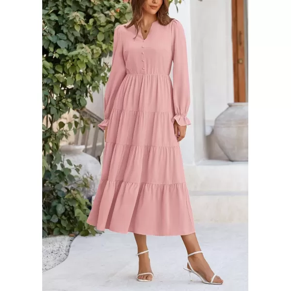 imagePRETTYGARDEN Womens Fall Maxi Dress Long Sleeve V Neck Tiered Ruffle Flowy A Line Cocktail Party DressesPink
