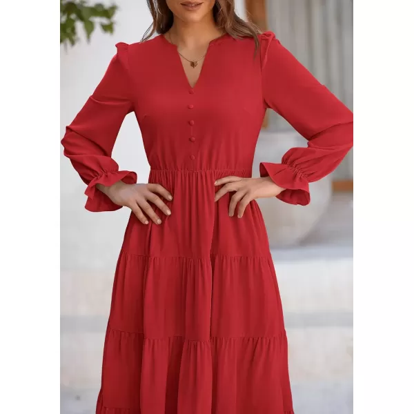 imagePRETTYGARDEN Womens Fall Maxi Dress Long Sleeve V Neck Tiered Ruffle Flowy A Line Cocktail Party DressesRed