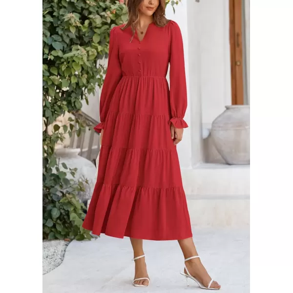 imagePRETTYGARDEN Womens Fall Maxi Dress Long Sleeve V Neck Tiered Ruffle Flowy A Line Cocktail Party DressesRed