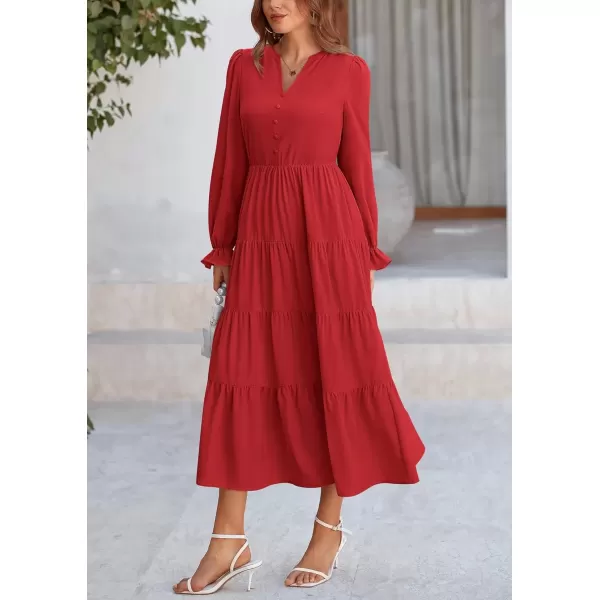 imagePRETTYGARDEN Womens Fall Maxi Dress Long Sleeve V Neck Tiered Ruffle Flowy A Line Cocktail Party DressesRed