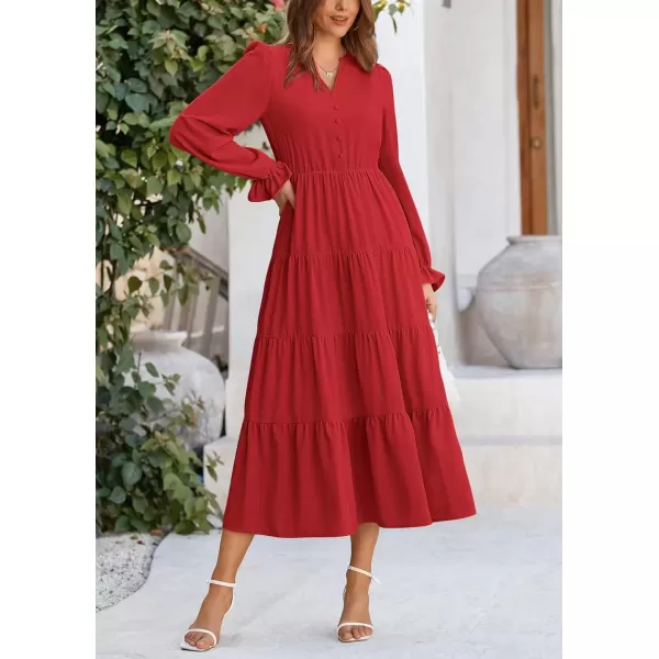 imagePRETTYGARDEN Womens Fall Maxi Dress Long Sleeve V Neck Tiered Ruffle Flowy A Line Cocktail Party DressesRed