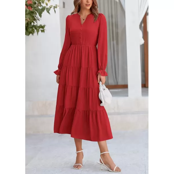 imagePRETTYGARDEN Womens Fall Maxi Dress Long Sleeve V Neck Tiered Ruffle Flowy A Line Cocktail Party DressesRed