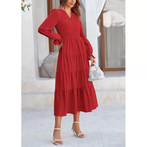 imagePRETTYGARDEN Womens Fall Maxi Dress Long Sleeve V Neck Tiered Ruffle Flowy A Line Cocktail Party DressesRed