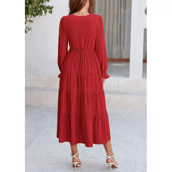 imagePRETTYGARDEN Womens Fall Maxi Dress Long Sleeve V Neck Tiered Ruffle Flowy A Line Cocktail Party DressesRed