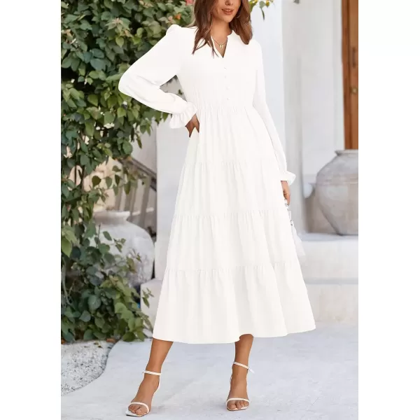 imagePRETTYGARDEN Womens Fall Maxi Dress Long Sleeve V Neck Tiered Ruffle Flowy A Line Cocktail Party DressesWhite