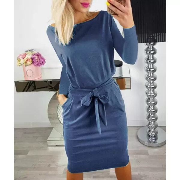 imagePRETTYGARDEN Womens Fashion Casual Long Sleeve Belted Party Bodycon Sheath Pencil DressDenim Blue
