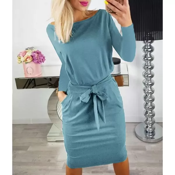 imagePRETTYGARDEN Womens Fashion Casual Long Sleeve Belted Party Bodycon Sheath Pencil DressGrey Blue
