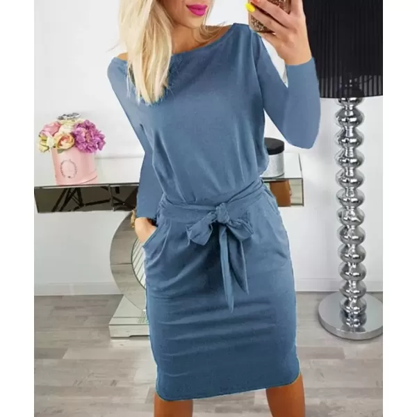 imagePRETTYGARDEN Womens Fashion Casual Long Sleeve Belted Party Bodycon Sheath Pencil DressLight Blue