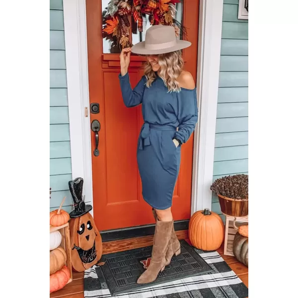 imagePRETTYGARDEN Womens Fashion Casual Long Sleeve Belted Party Bodycon Sheath Pencil DressLight Blue