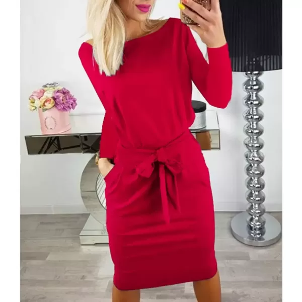 imagePRETTYGARDEN Womens Fashion Casual Long Sleeve Belted Party Bodycon Sheath Pencil DressRed