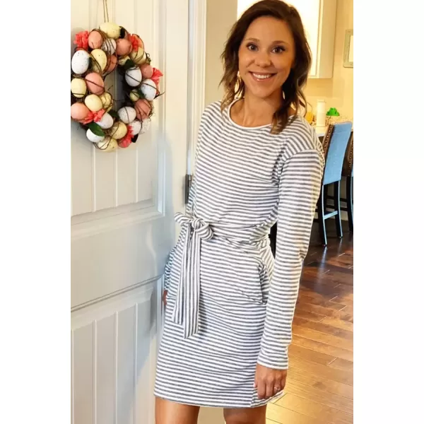 imagePRETTYGARDEN Womens Fashion Casual Long Sleeve Belted Party Bodycon Sheath Pencil DressStripe Blue