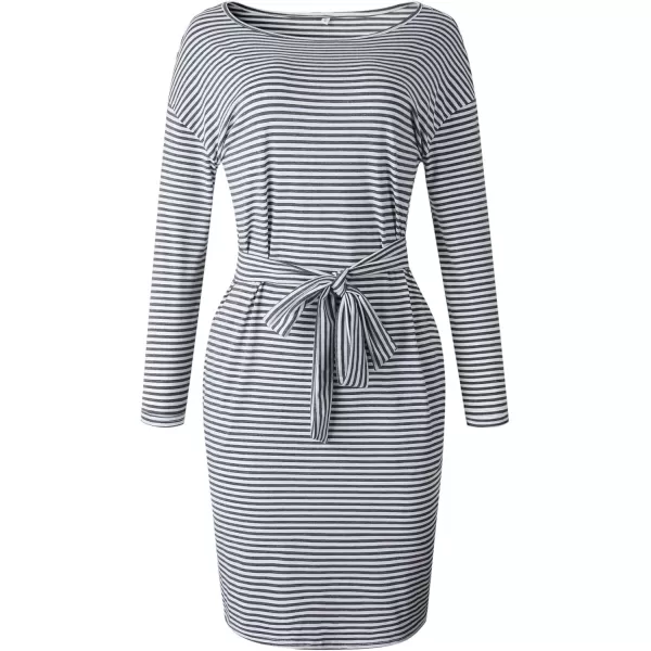 imagePRETTYGARDEN Womens Fashion Casual Long Sleeve Belted Party Bodycon Sheath Pencil DressStripe Dark Grey