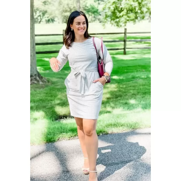 imagePRETTYGARDEN Womens Fashion Casual Long Sleeve Belted Party Bodycon Sheath Pencil DressStripe Green