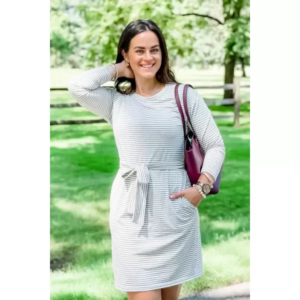 imagePRETTYGARDEN Womens Fashion Casual Long Sleeve Belted Party Bodycon Sheath Pencil DressStripe Green