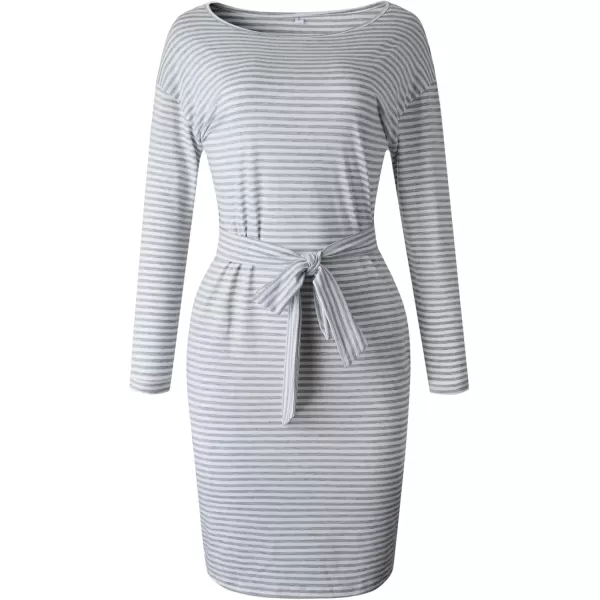 imagePRETTYGARDEN Womens Fashion Casual Long Sleeve Belted Party Bodycon Sheath Pencil DressStripe Light Grey