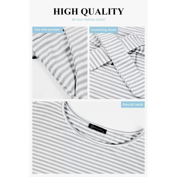 imagePRETTYGARDEN Womens Fashion Casual Long Sleeve Belted Party Bodycon Sheath Pencil DressStripe Light Grey