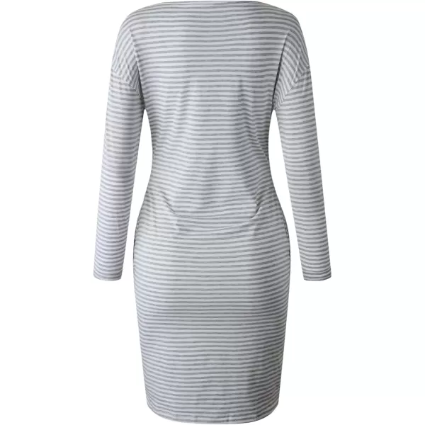 imagePRETTYGARDEN Womens Fashion Casual Long Sleeve Belted Party Bodycon Sheath Pencil DressStripe Light Grey