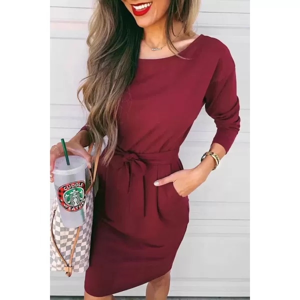 imagePRETTYGARDEN Womens Fashion Casual Long Sleeve Belted Party Bodycon Sheath Pencil DressWine Red
