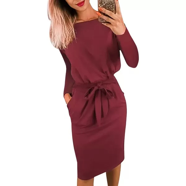 imagePRETTYGARDEN Womens Fashion Casual Long Sleeve Belted Party Bodycon Sheath Pencil DressWine Red